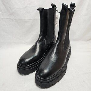 NEW Zara Z1B Chunky Black Leather Chelsea Pull On Boots Women's Size: 39 US 8